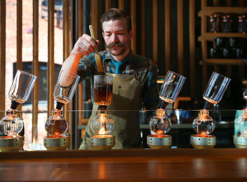 A barista at work at the Starbucks Roastery
